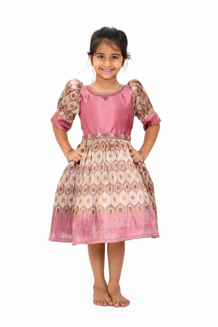 Graceful Girls Peach Organza Printed Fancy Frock with Puff Sleeves and Flared Hem