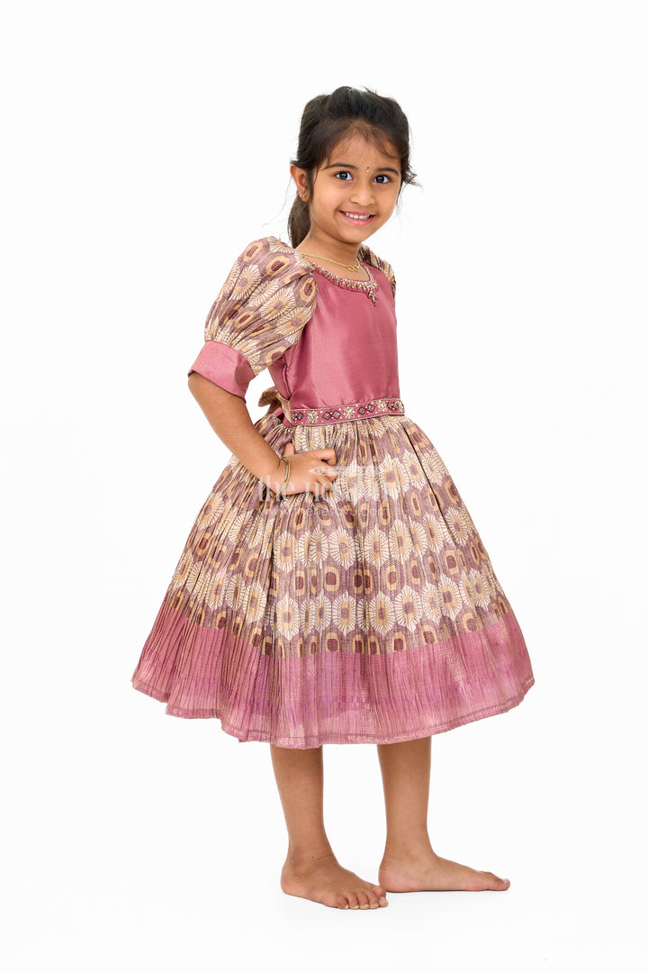 Graceful Girls Peach Organza Printed Fancy Frock with Puff Sleeves and Flared Hem