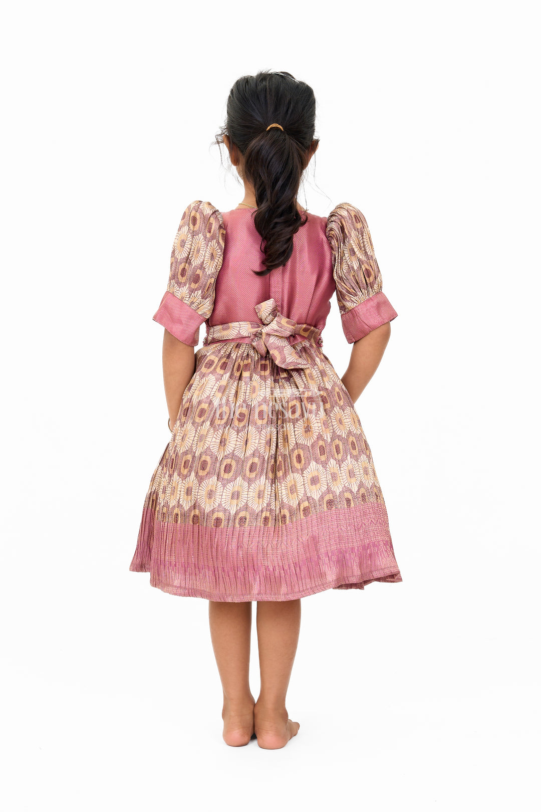 Graceful Girls Peach Organza Printed Fancy Frock with Puff Sleeves and Flared Hem