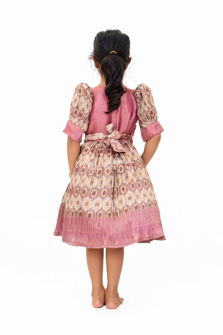 Graceful Girls Peach Organza Printed Fancy Frock with Puff Sleeves and Flared Hem