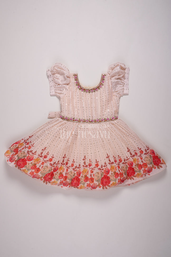 Girls Beige Fancy Frock with Floral Hemline and Embroidered Bodice for Birthday Celebrations