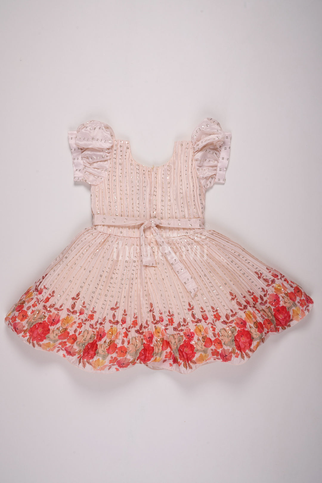 Girls Beige Fancy Frock with Floral Hemline and Embroidered Bodice for Birthday Celebrations