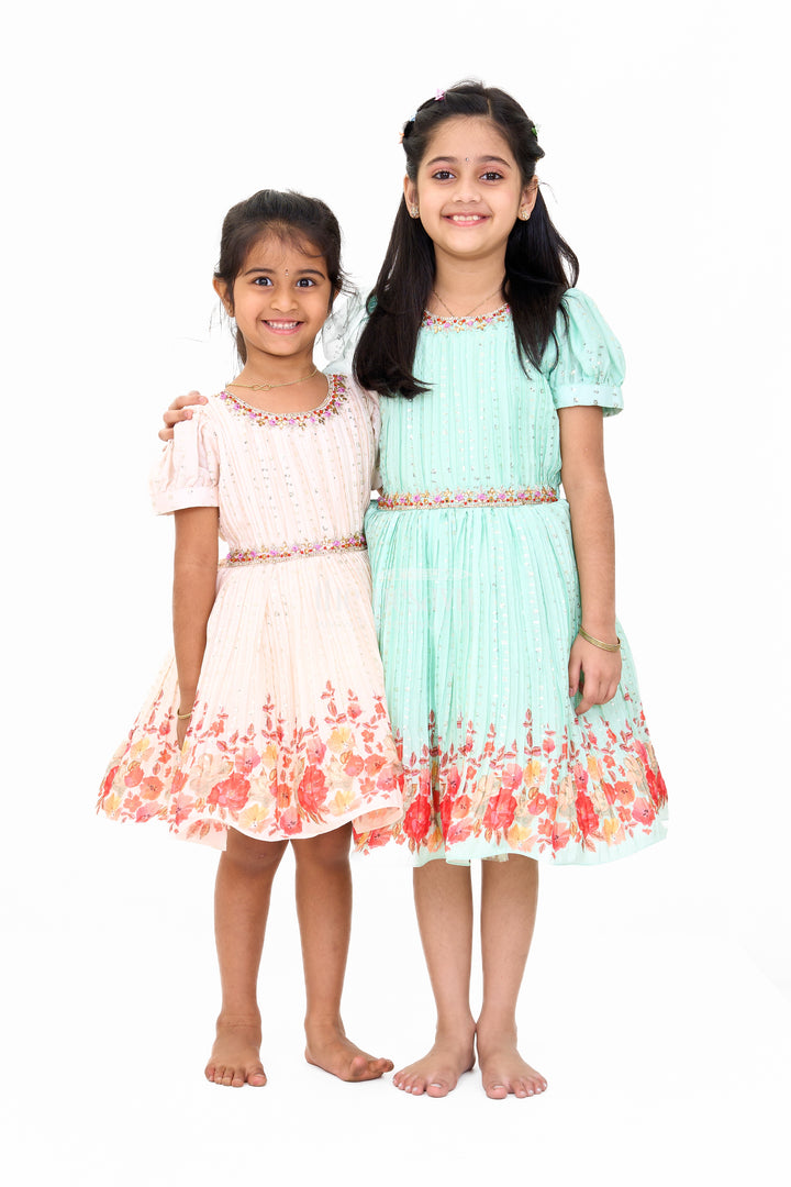 Girls Beige Fancy Frock with Floral Hemline and Embroidered Bodice for Birthday Celebrations