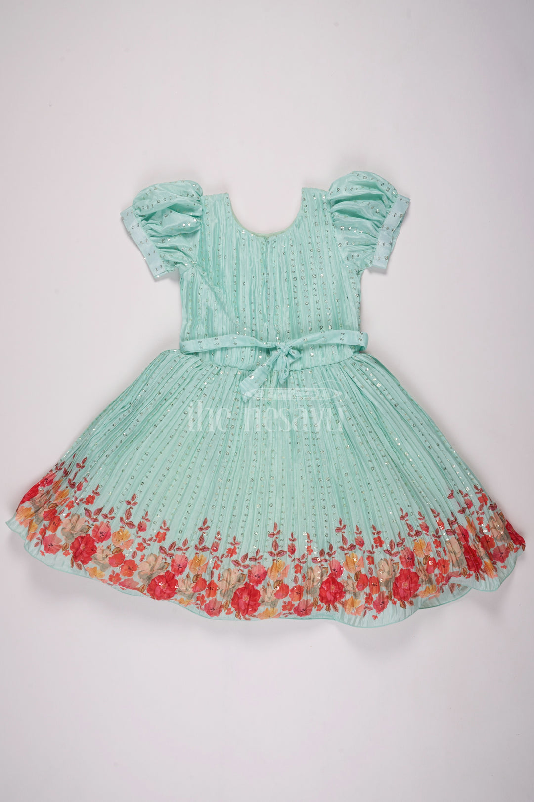 Mint Green Girls Fancy Frock with Floral Embellishments and Vibrant Border for Parties