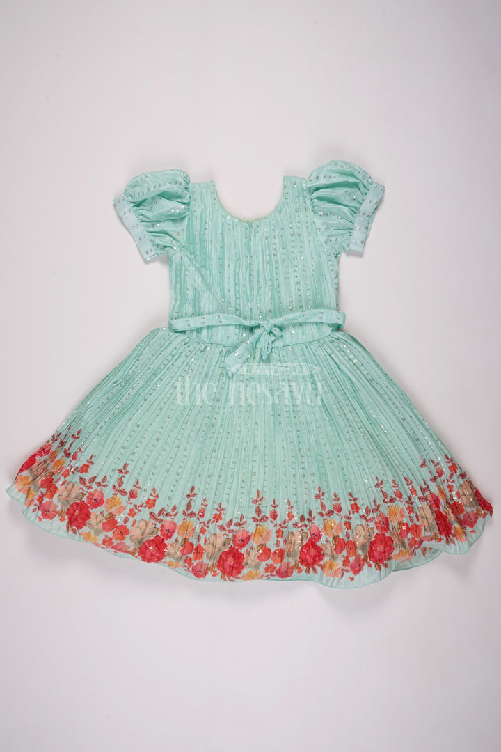 Mint Green Girls Fancy Frock with Floral Embellishments and Vibrant Border for Parties