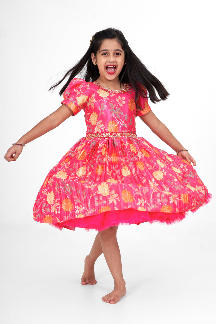 Girls Red Silk Party Frock with Floral Prints and Puff Sleeves