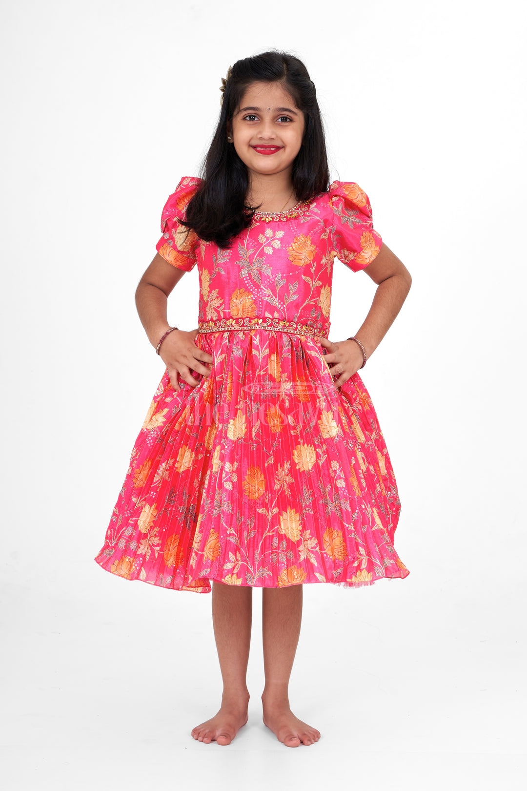 Girls Red Silk Party Frock with Floral Prints and Puff Sleeves