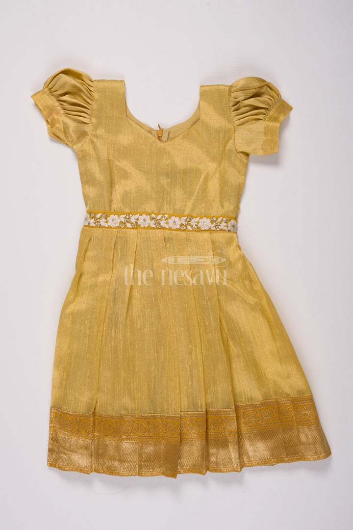 Elegant Girls Silk Dress Frock in Gold Tissue Fabric with Floral Embroidery