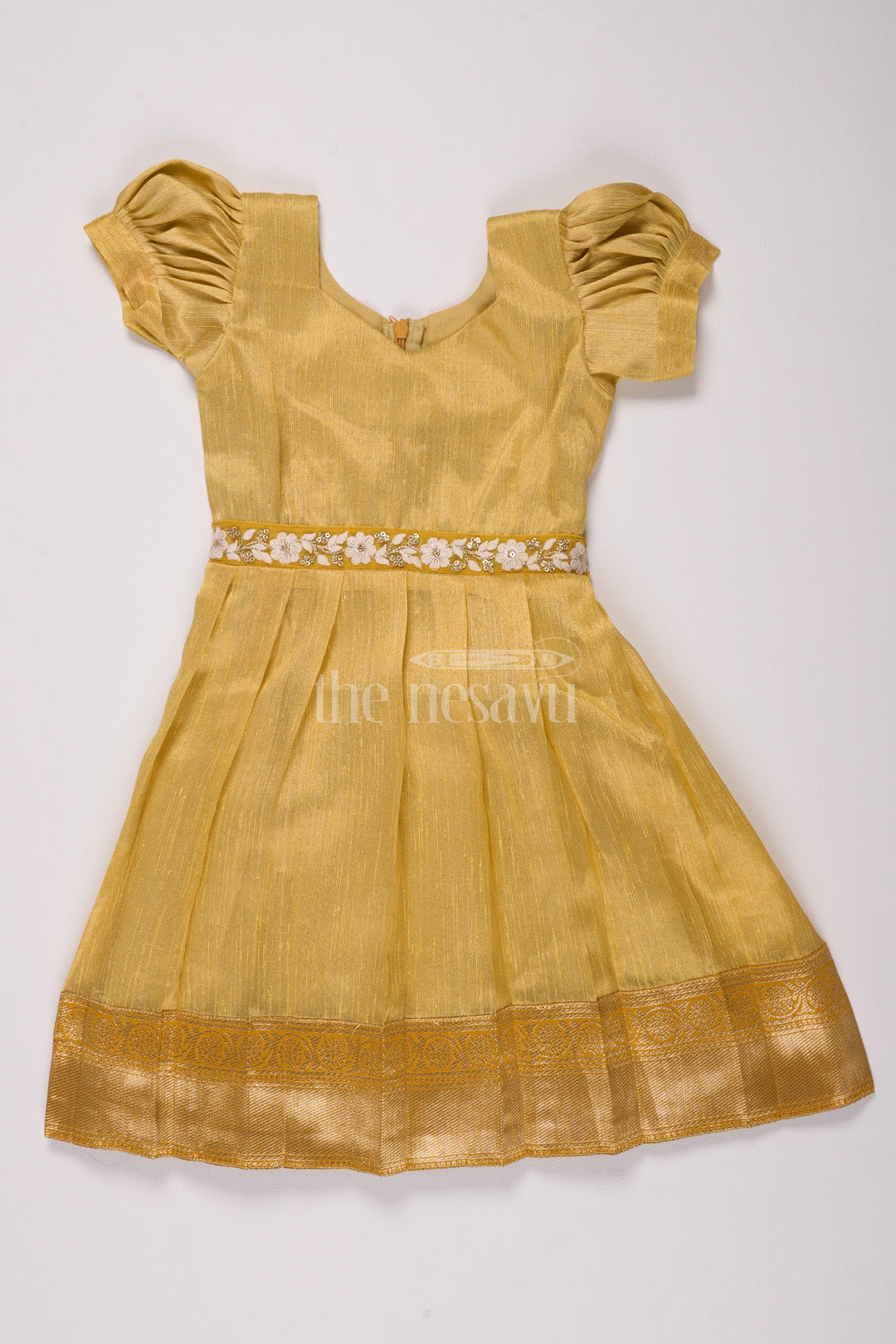 Elegant Girls Silk Dress Frock in Gold Tissue Fabric with Floral Embroidery