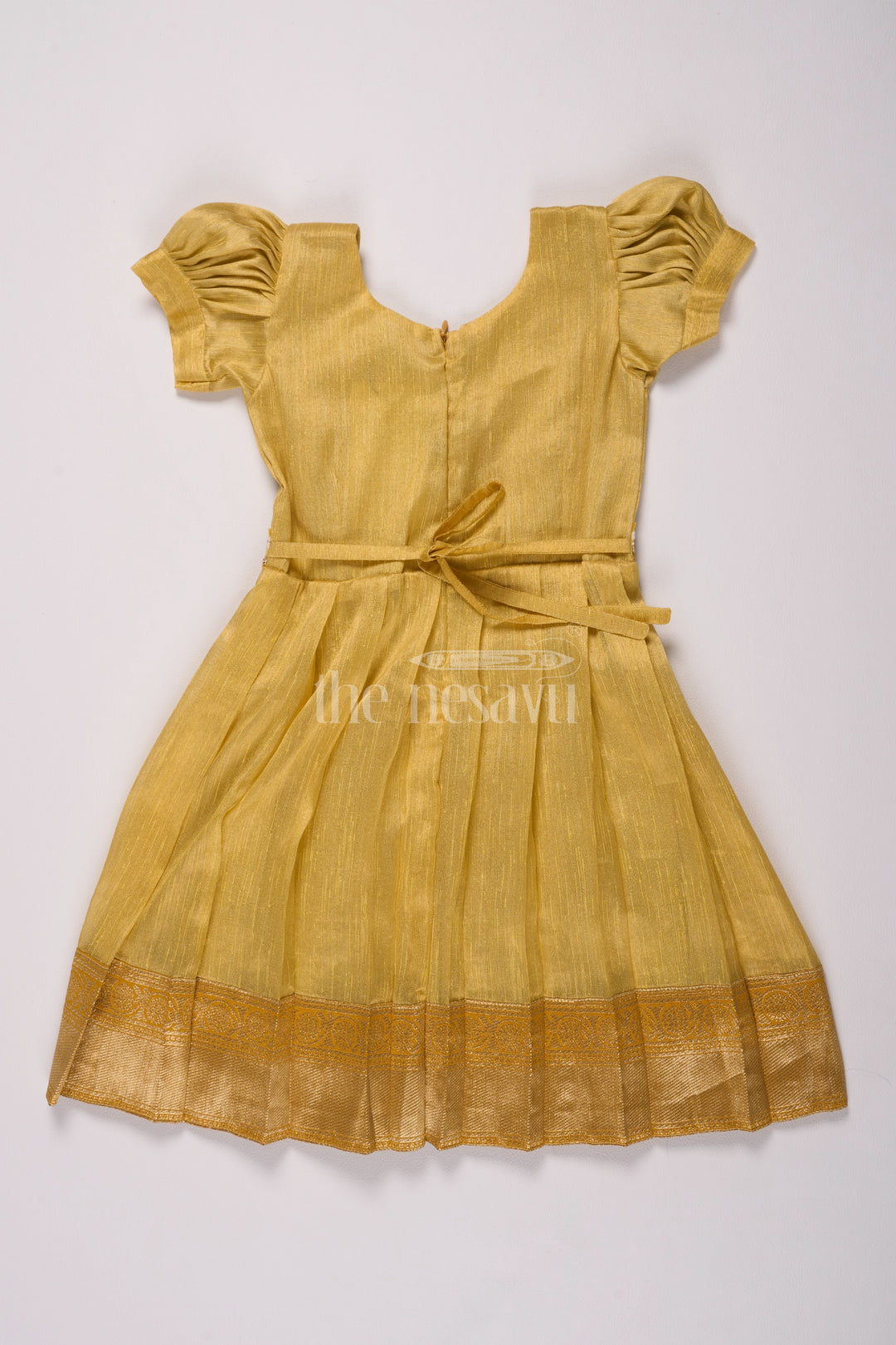 Elegant Girls Silk Dress Frock in Gold Tissue Fabric with Floral Embroidery