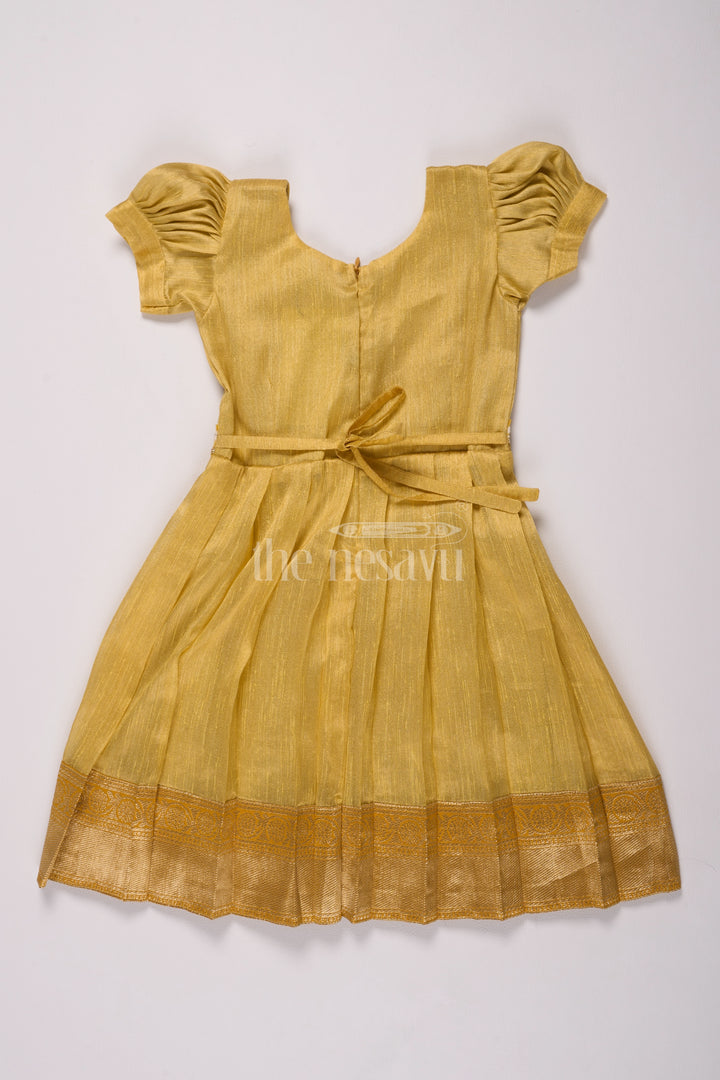 Elegant Girls Silk Dress Frock in Gold Tissue Fabric with Floral Embroidery