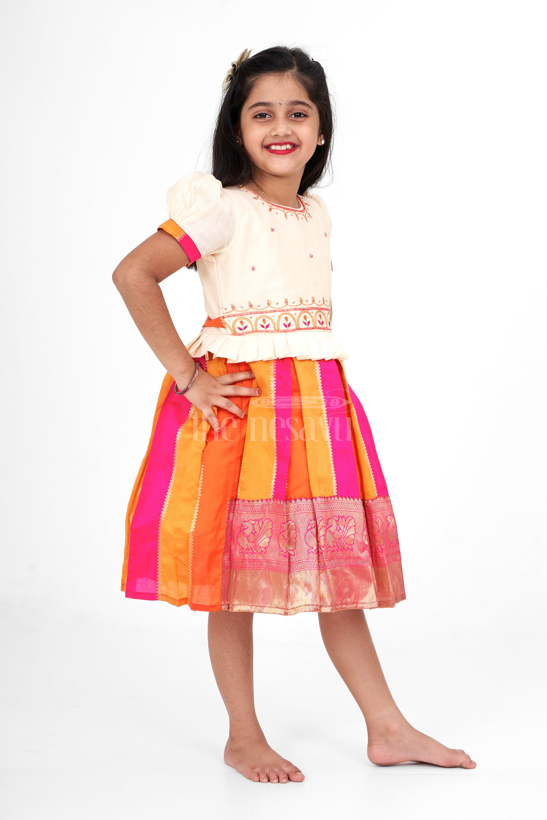 Banarasi Semi Silk Embroidered Pattu Pavadai for Girls – Festive Traditional Attire in Orange