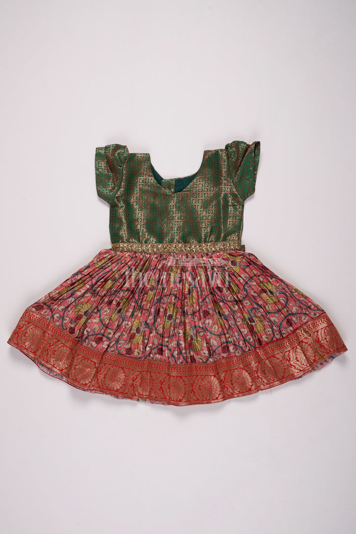 Girls Green and Red Pleated Silk Christmas Frock with Elegant Embroidery