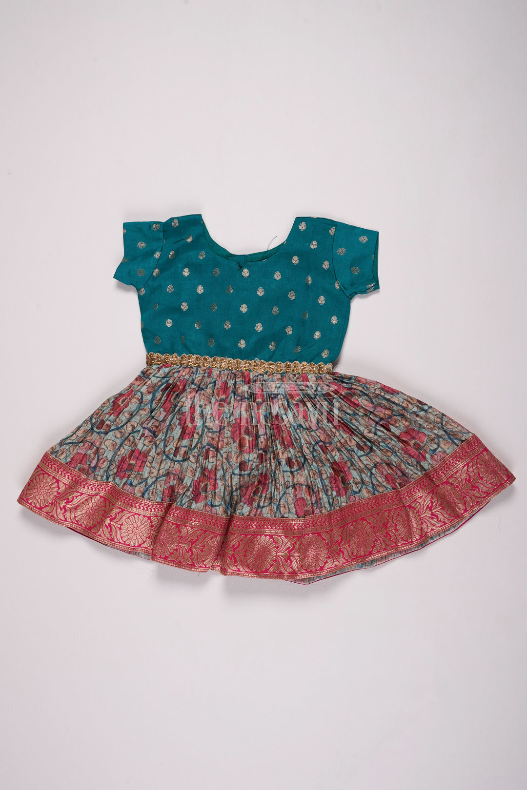 Girls Teal and Pink Silk Christmas Party Dress with Floral Pleats and Zari Border