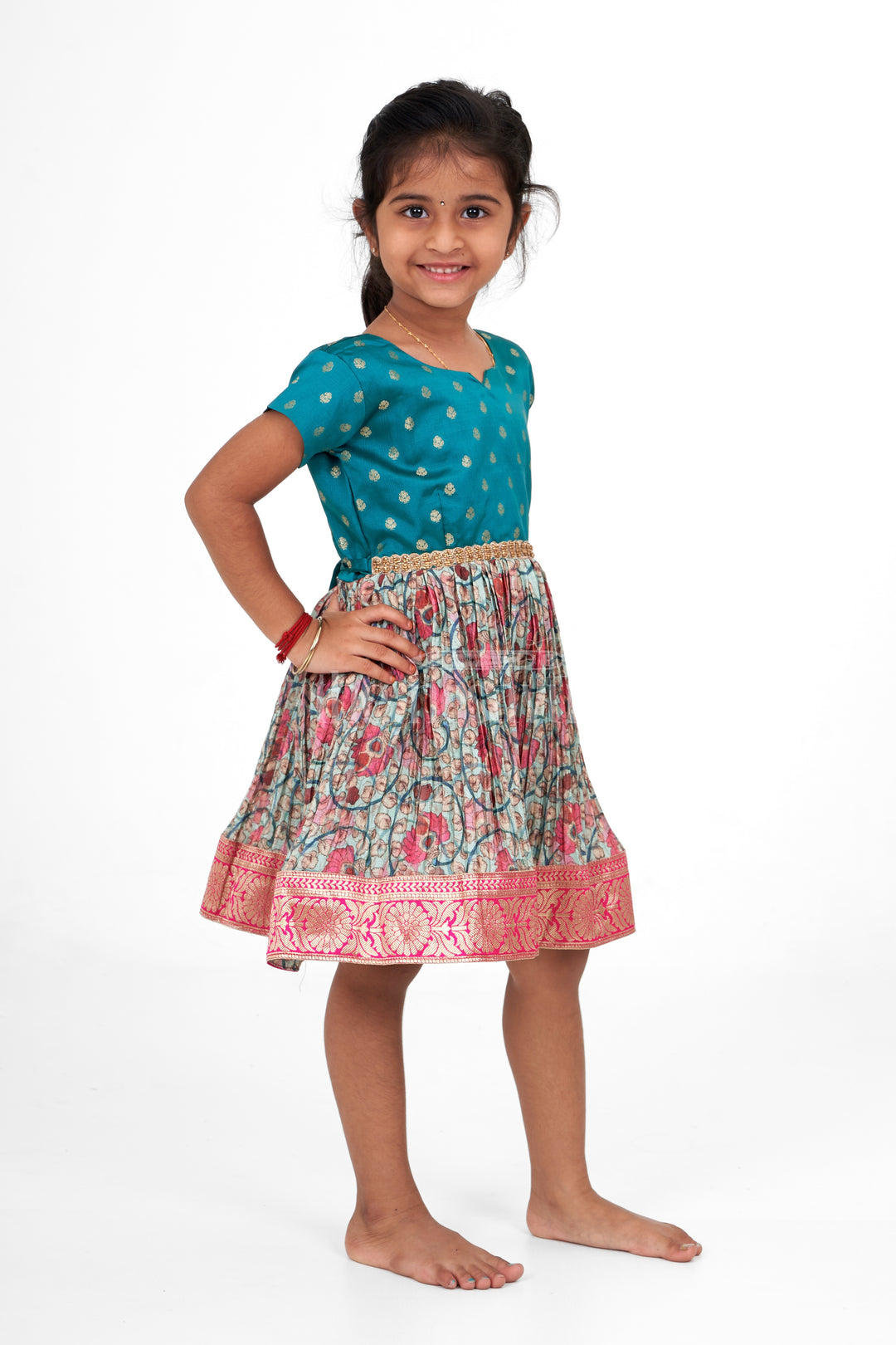 Girls Teal and Pink Silk Christmas Party Dress with Floral Pleats and Zari Border