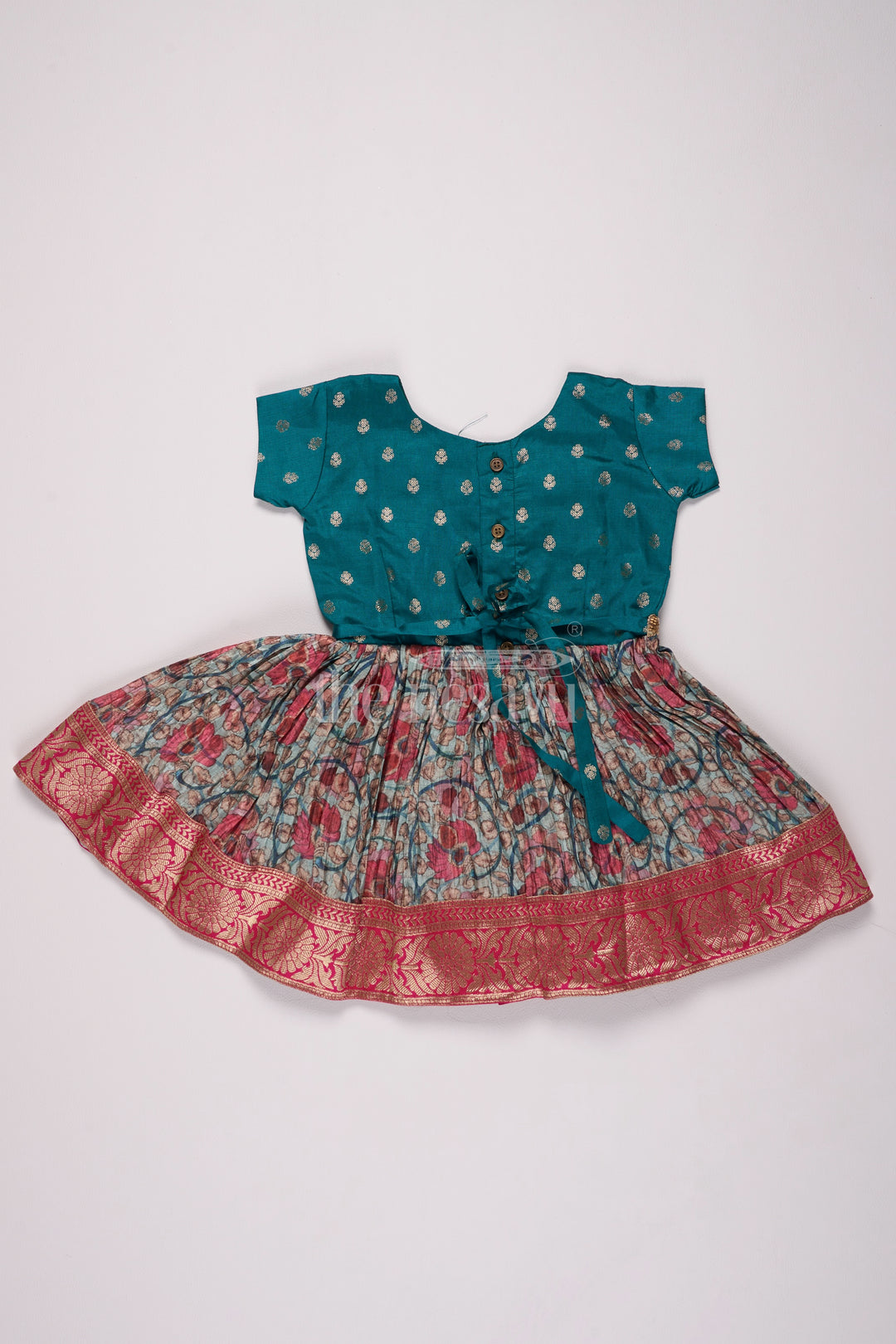 Girls Teal and Pink Silk Christmas Party Dress with Floral Pleats and Zari Border