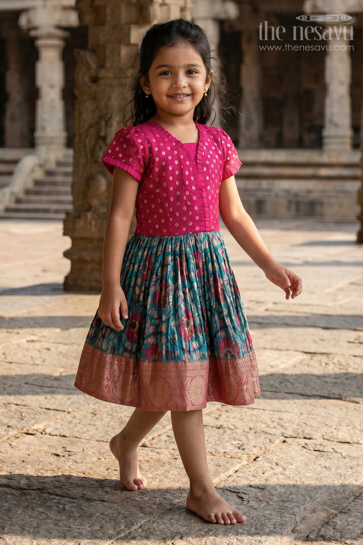Girls Red and Blue Silk Christmas Dress with Pleated Floral Skirt and Zari Border