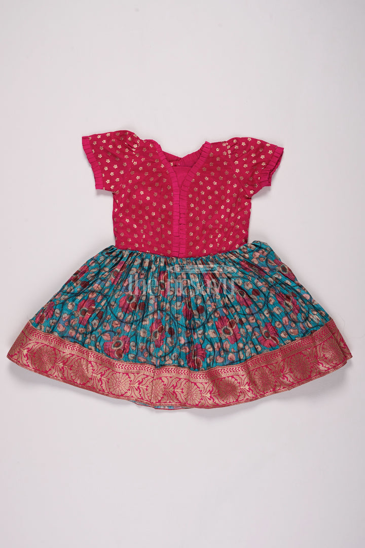 Girls Red and Blue Silk Christmas Dress with Pleated Floral Skirt and Zari Border