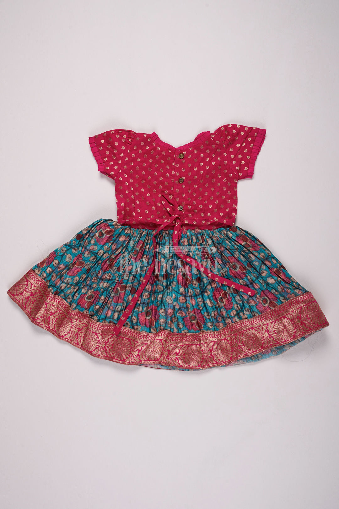 Girls Red and Blue Silk Christmas Dress with Pleated Floral Skirt and Zari Border