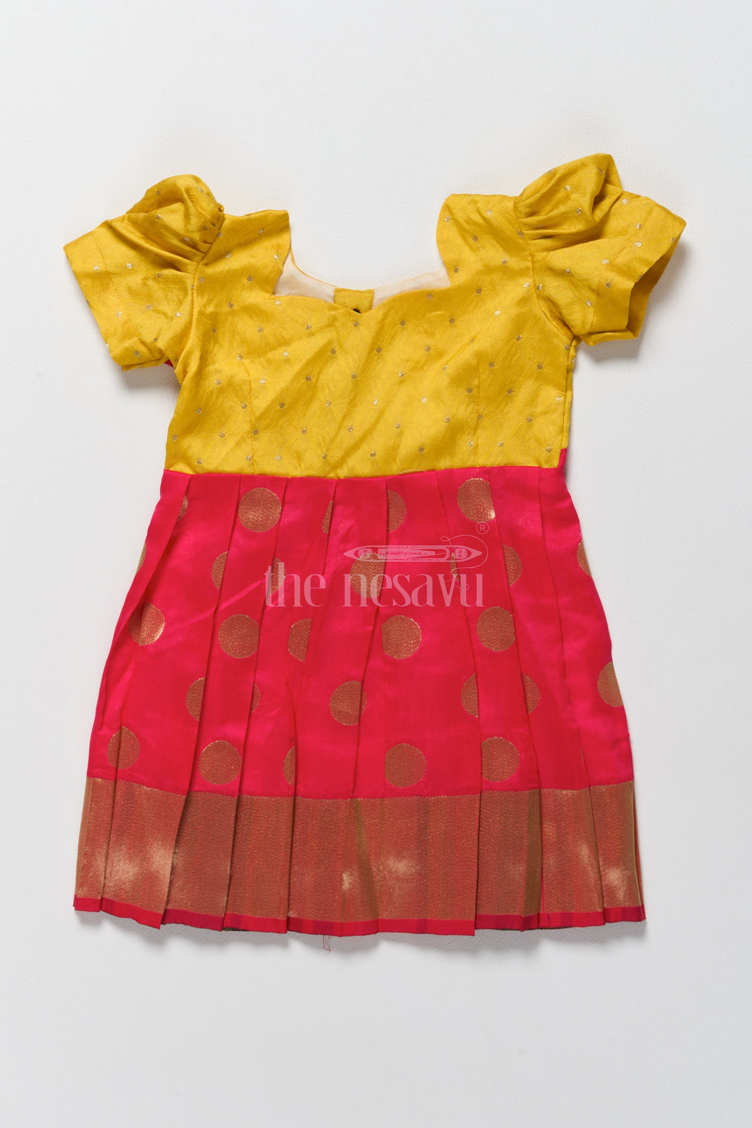 Vibrant Yellow and Gold Jacquard Design of Short Frock for Girls with Puff Sleeves