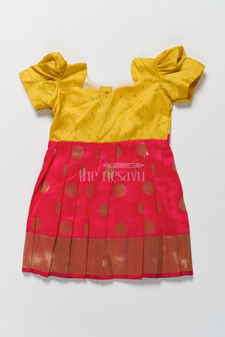 Vibrant Yellow and Gold Jacquard Design of Short Frock for Girls with Puff Sleeves