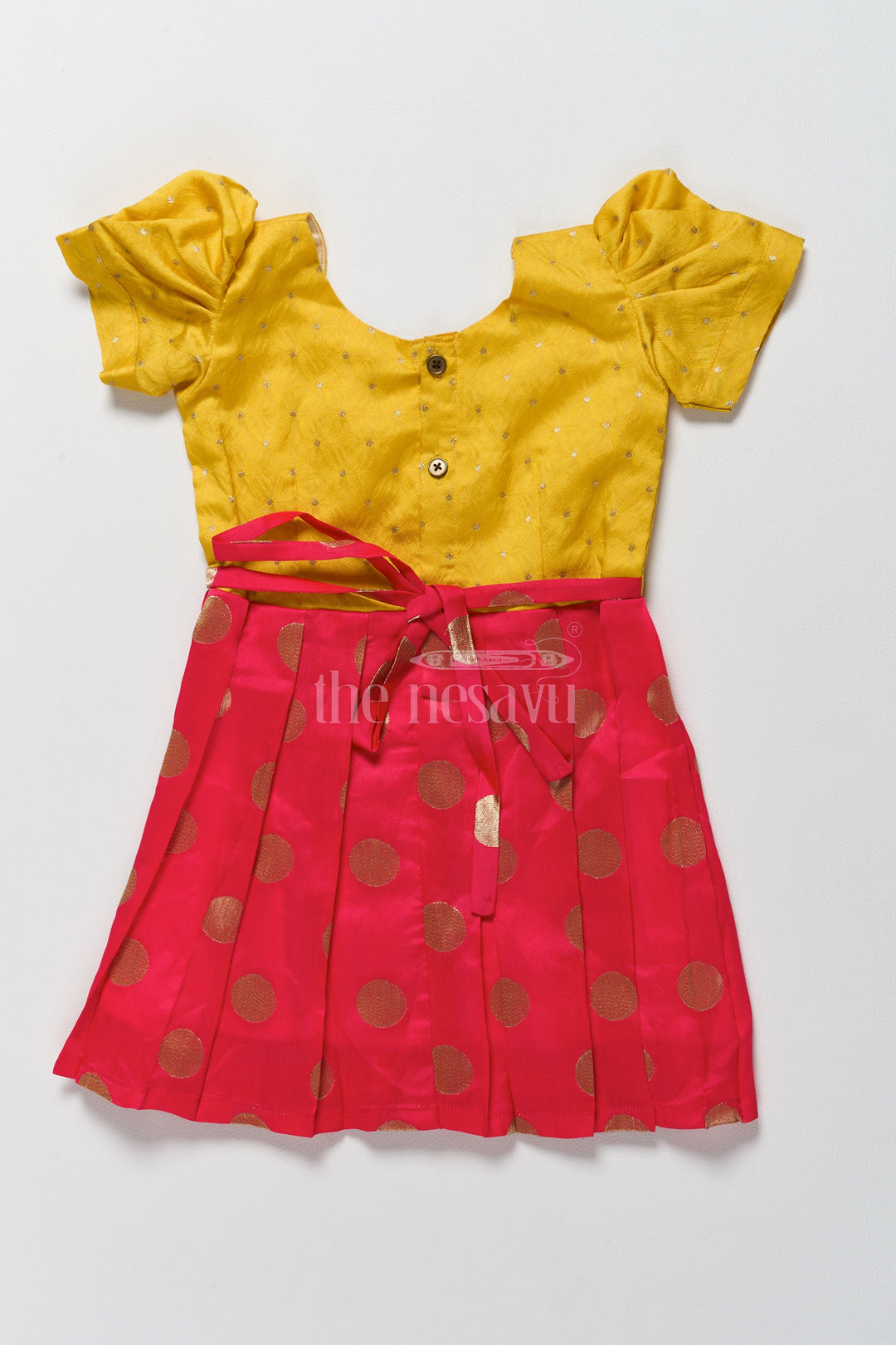 Vibrant Yellow and Gold Jacquard Design of Short Frock for Girls with Puff Sleeves