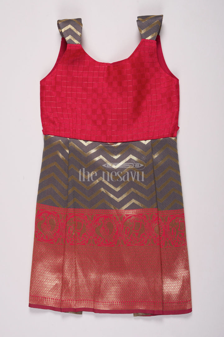 Stunning Red and Gold Jacquard Dress Frock for Girls with Chevron Pleats