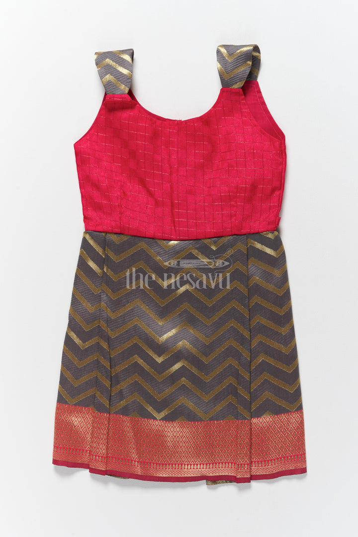 Stunning Red and Gold Jacquard Dress Frock for Girls with Chevron Pleats