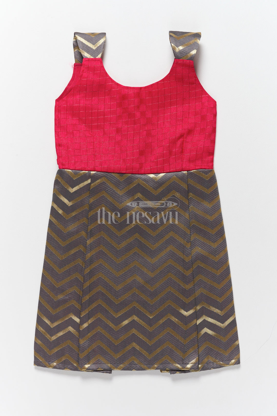 Stunning Red and Gold Jacquard Dress Frock for Girls with Chevron Pleats