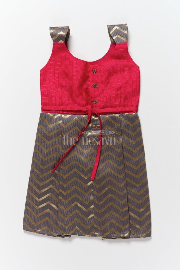 Stunning Red and Gold Jacquard Dress Frock for Girls with Chevron Pleats