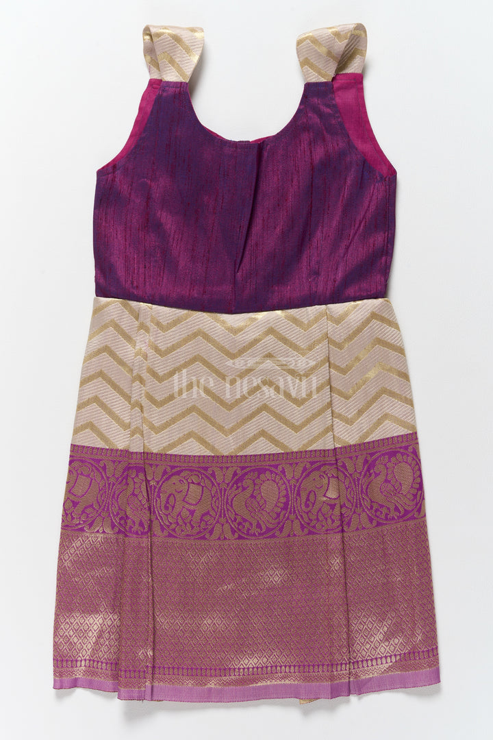 Regal Purple and Gold Jacquard Indian Frock for Girls with Intricate Border Details