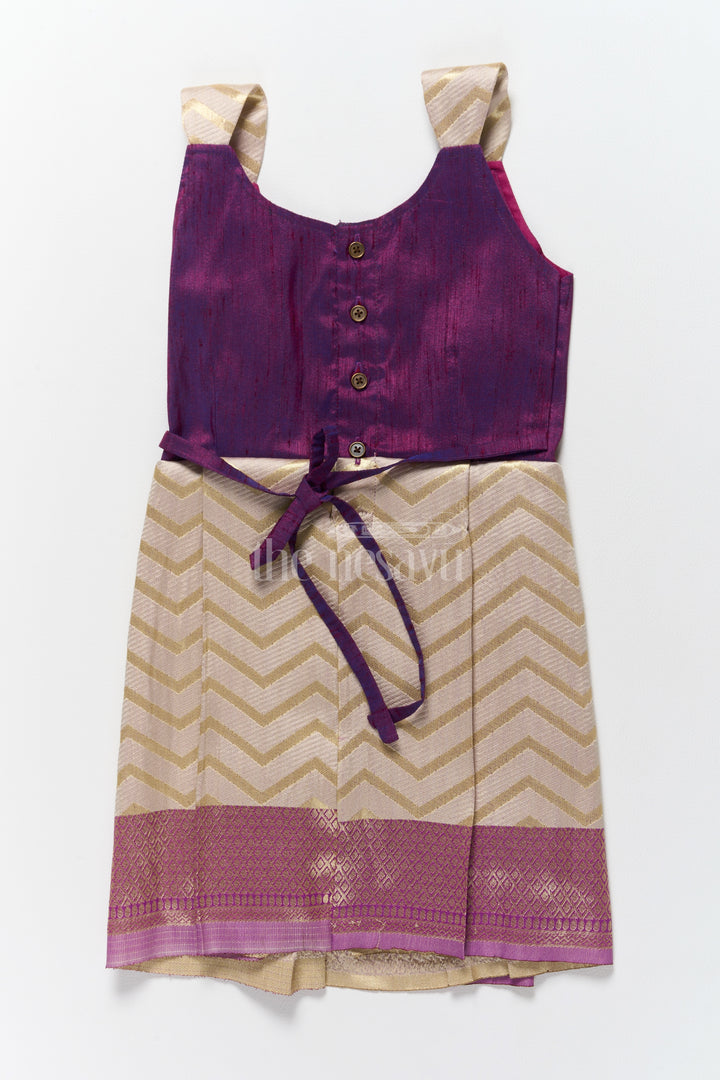 Regal Purple and Gold Jacquard Indian Frock for Girls with Intricate Border Details