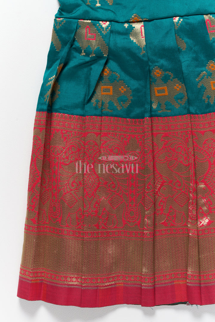 Elegant Green and Red New Model Frocks for Girls with Intricate Jacquard Silk Design