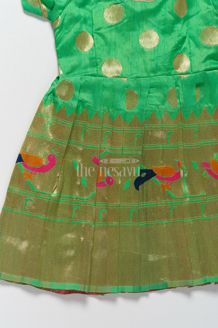 Vibrant Green New Model Frock for Girls with Golden Jacquard and Puff Sleeves