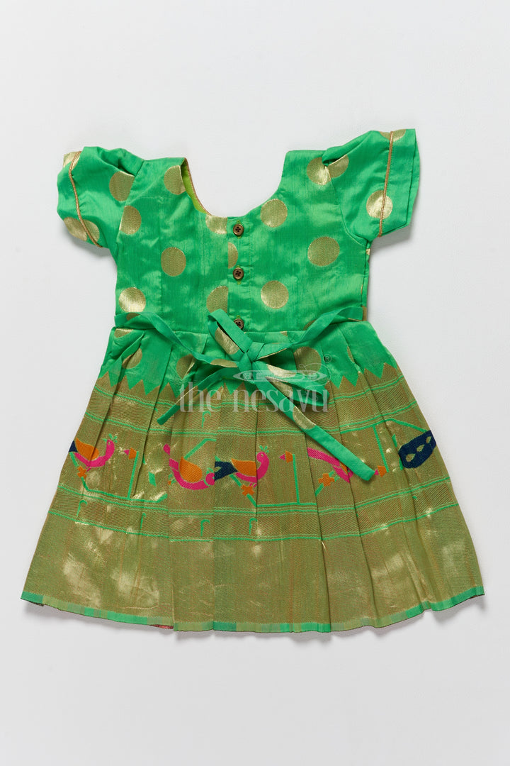 Vibrant Green New Model Frock for Girls with Golden Jacquard and Puff Sleeves