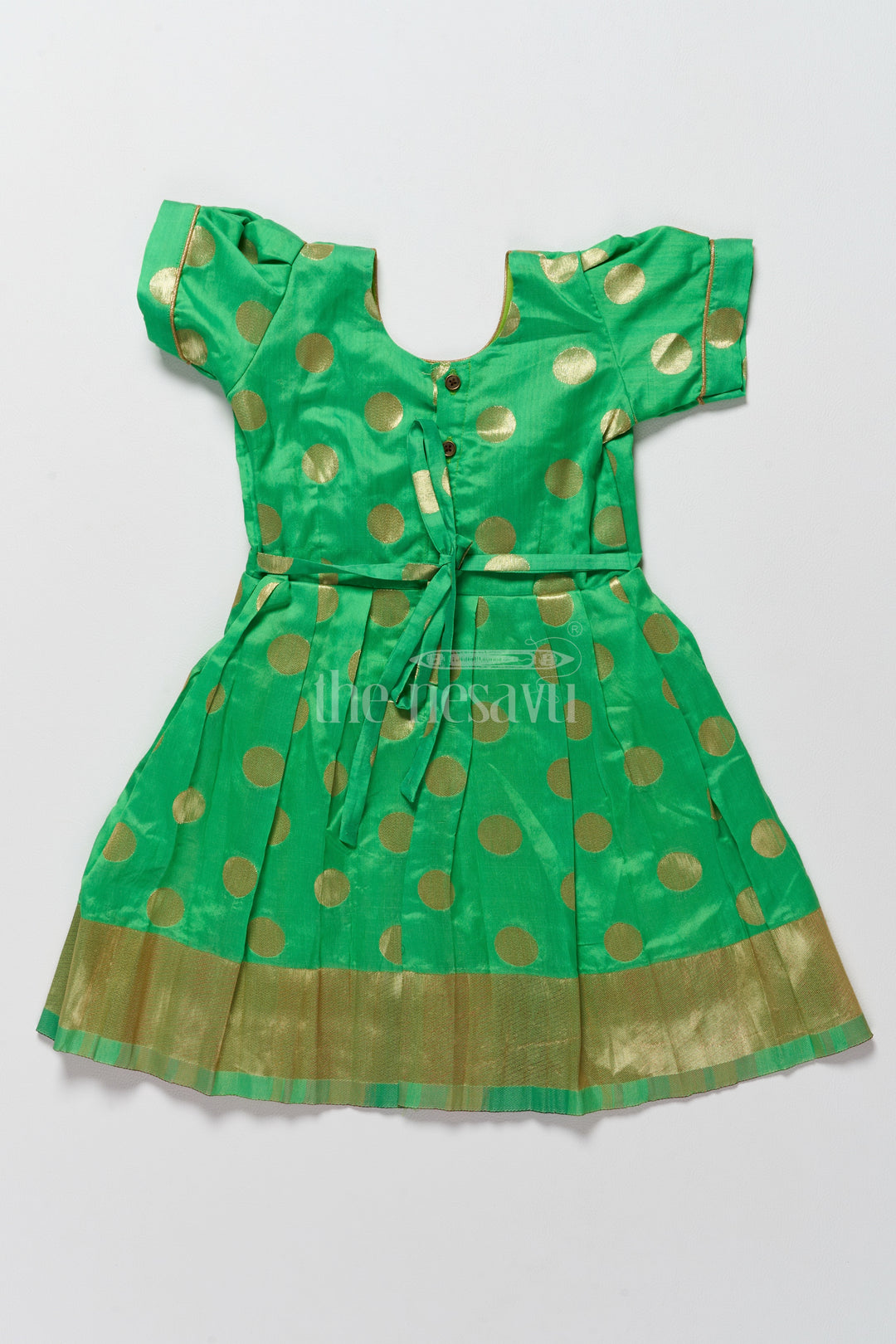 Vibrant Green New Model Frock for Girls with Golden Jacquard and Puff Sleeves