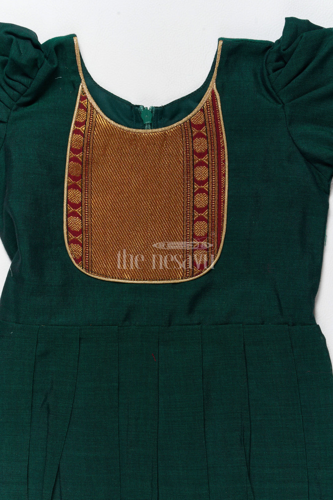 Classic Green and Gold Online Frock for Kids with Jacquard Silk and Puff Sleeves