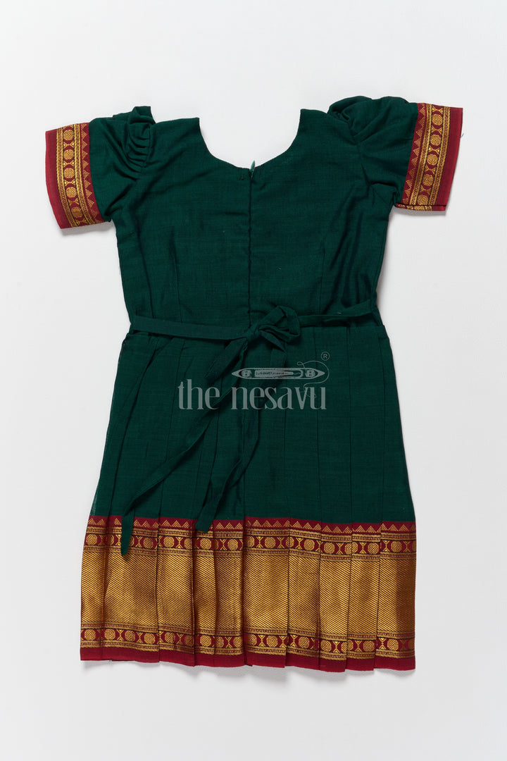 Classic Green and Gold Online Frock for Kids with Jacquard Silk and Puff Sleeves