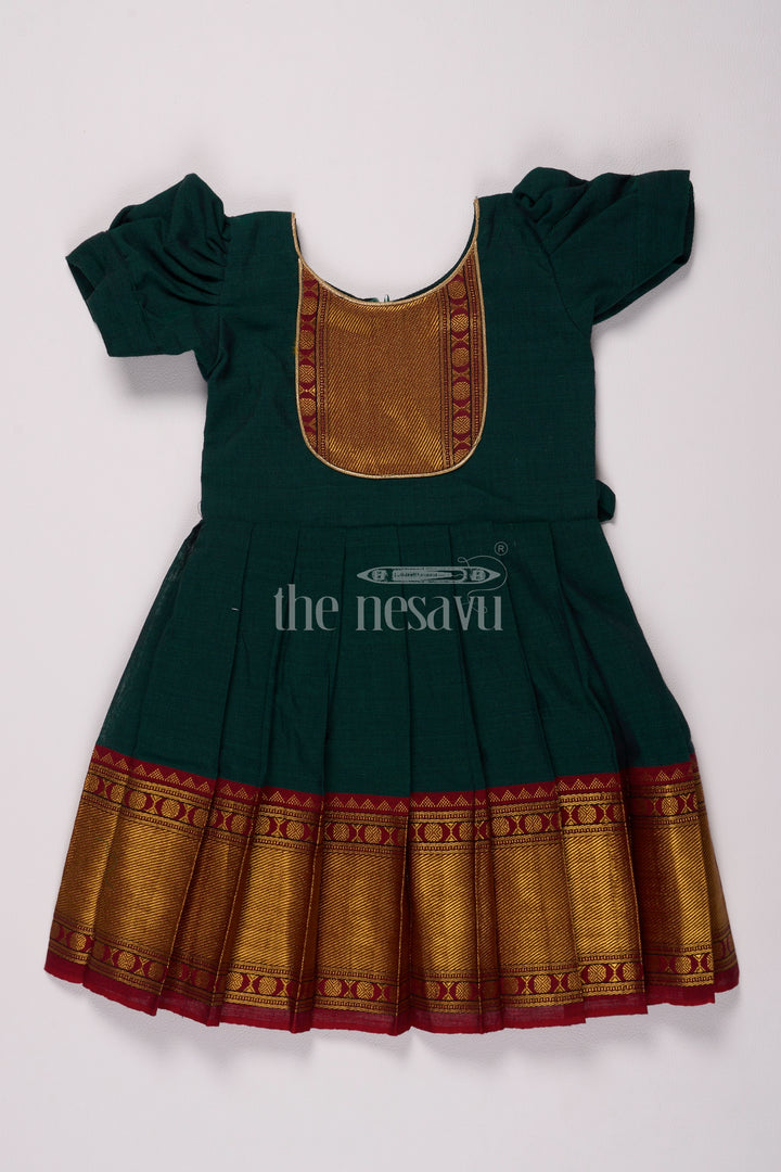 Classic Green and Gold Online Frock for Kids with Jacquard Silk and Puff Sleeves