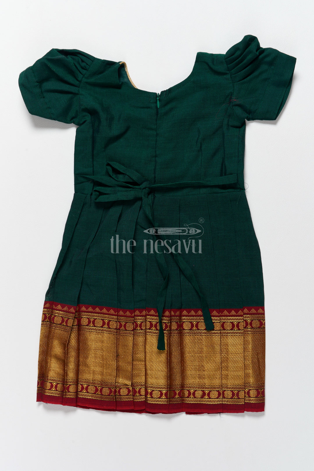 Classic Green and Gold Online Frock for Kids with Jacquard Silk and Puff Sleeves