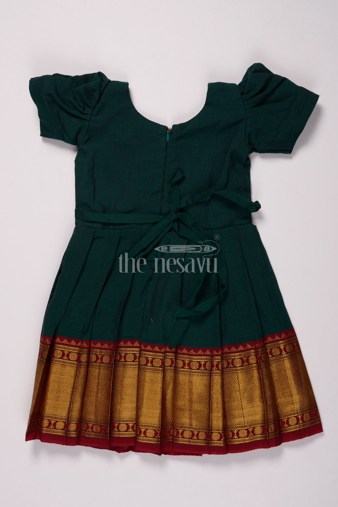 Classic Green and Gold Online Frock for Kids with Jacquard Silk and Puff Sleeves