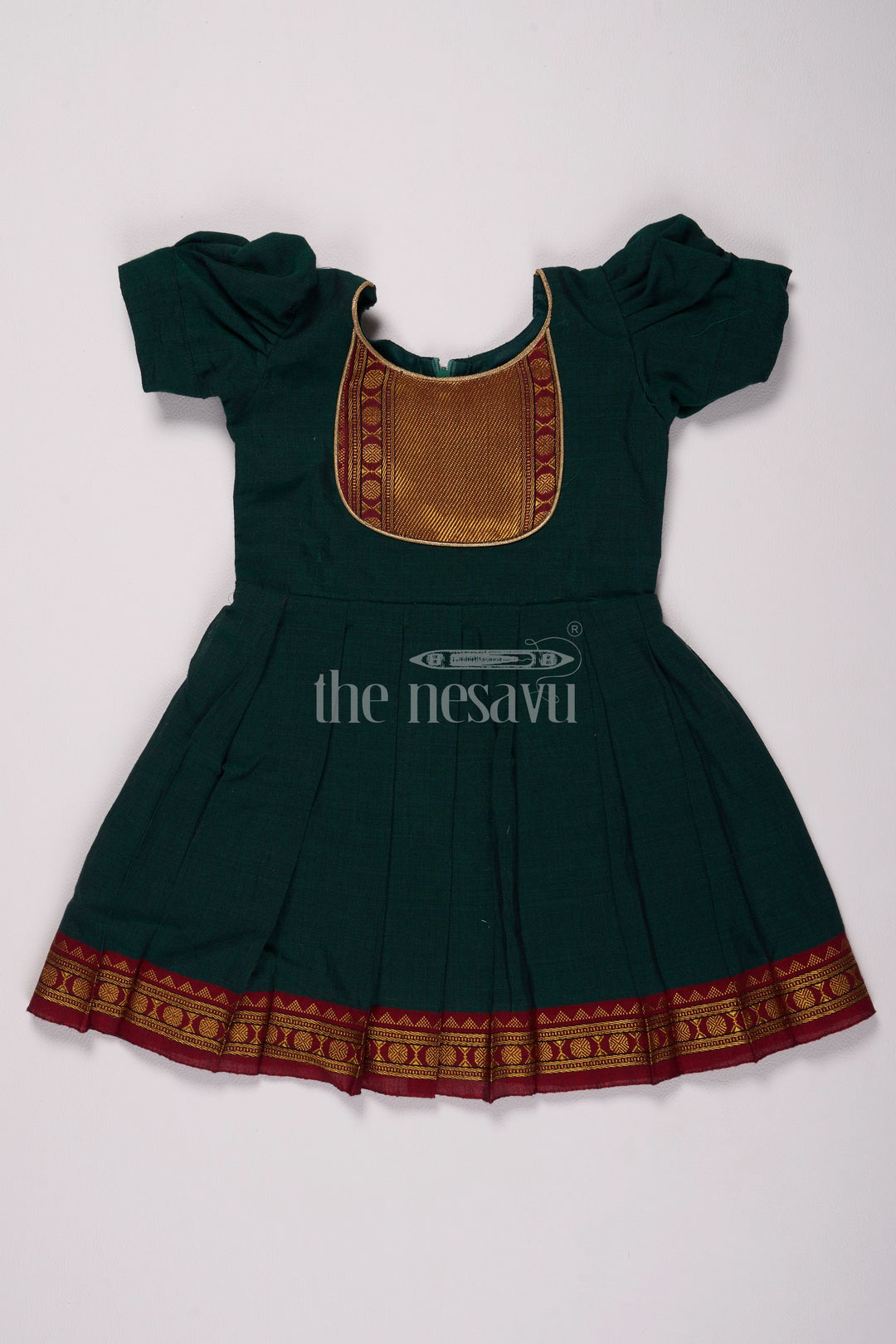 Classic Green and Gold Online Frock for Kids with Jacquard Silk and Puff Sleeves