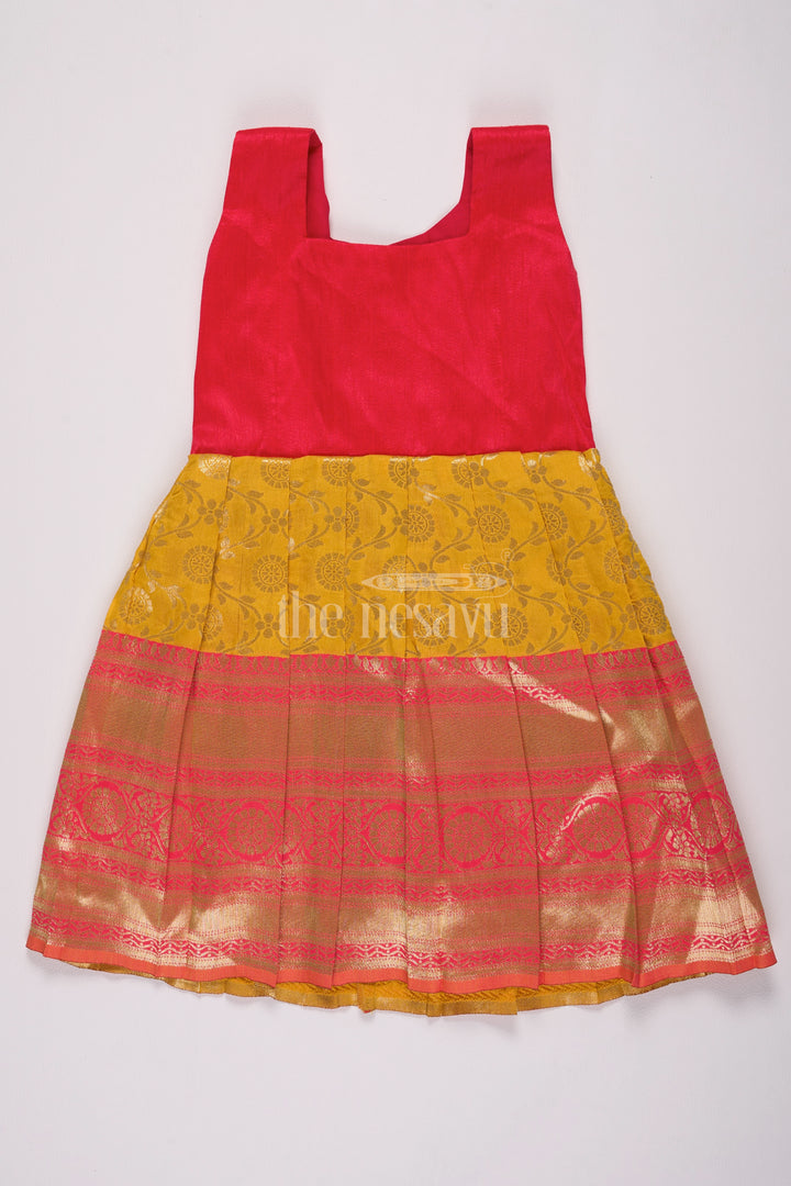 Stunning Red and Yellow Frock Fancy for Girls with Jacquard Silk Patterns