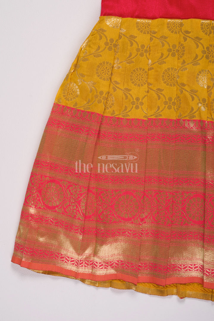 Stunning Red and Yellow Frock Fancy for Girls with Jacquard Silk Patterns