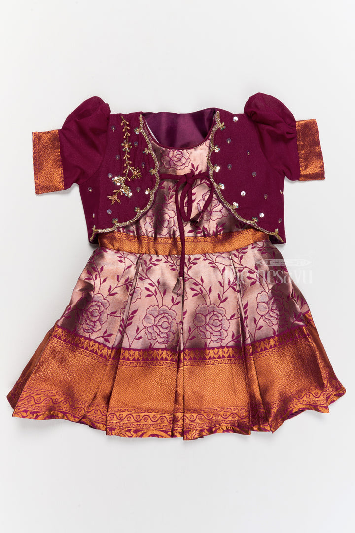 Girls Silk Party Frock with Floral Motif and Contrast Shrug for a Regal Look