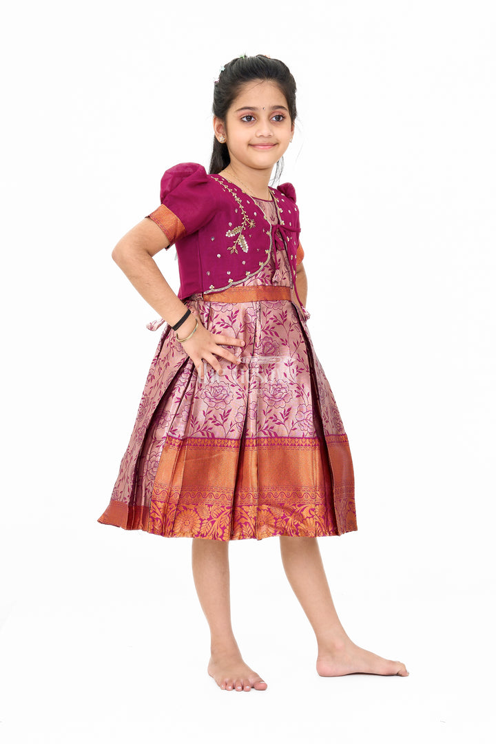 Girls Silk Party Frock with Floral Motif and Contrast Shrug for a Regal Look