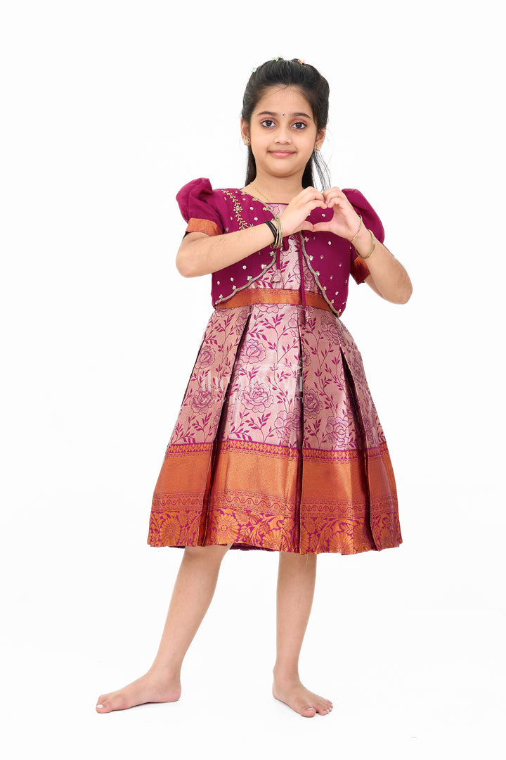 Girls Silk Party Frock with Floral Motif and Contrast Shrug for a Regal Look