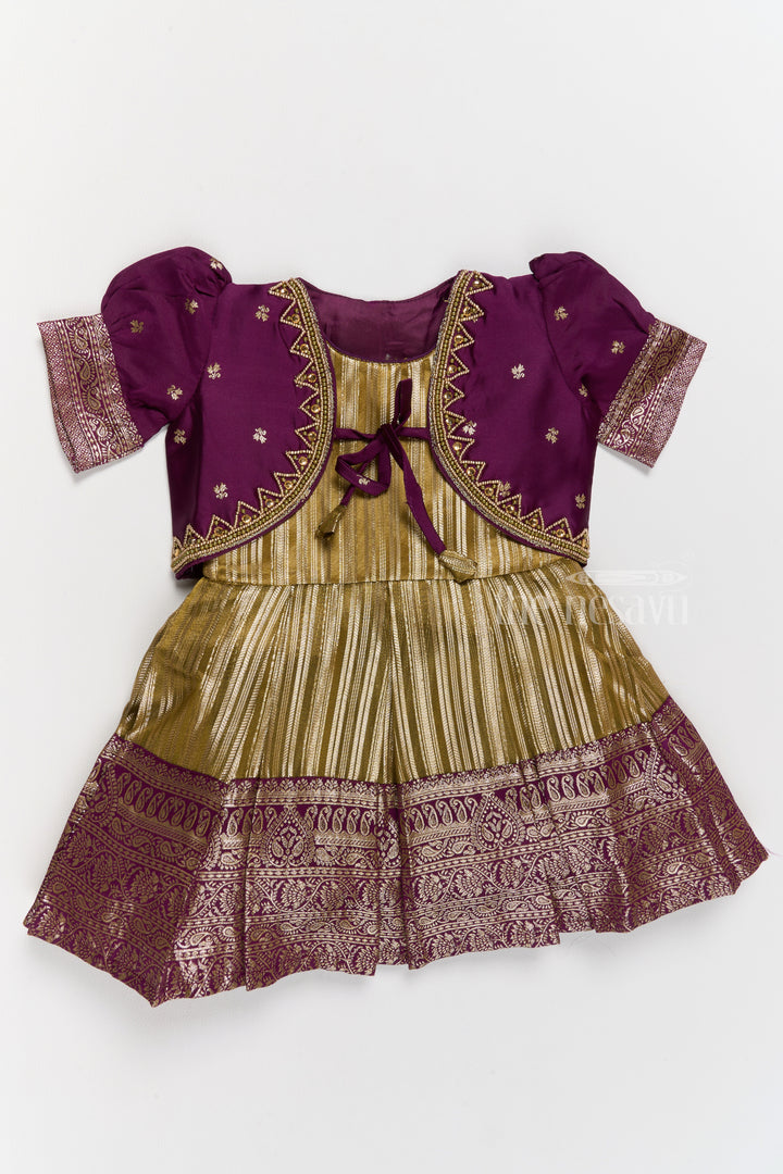 Traditional Girls Silk Party Frock with Gold Zari Skirt and Embroidered Shrug