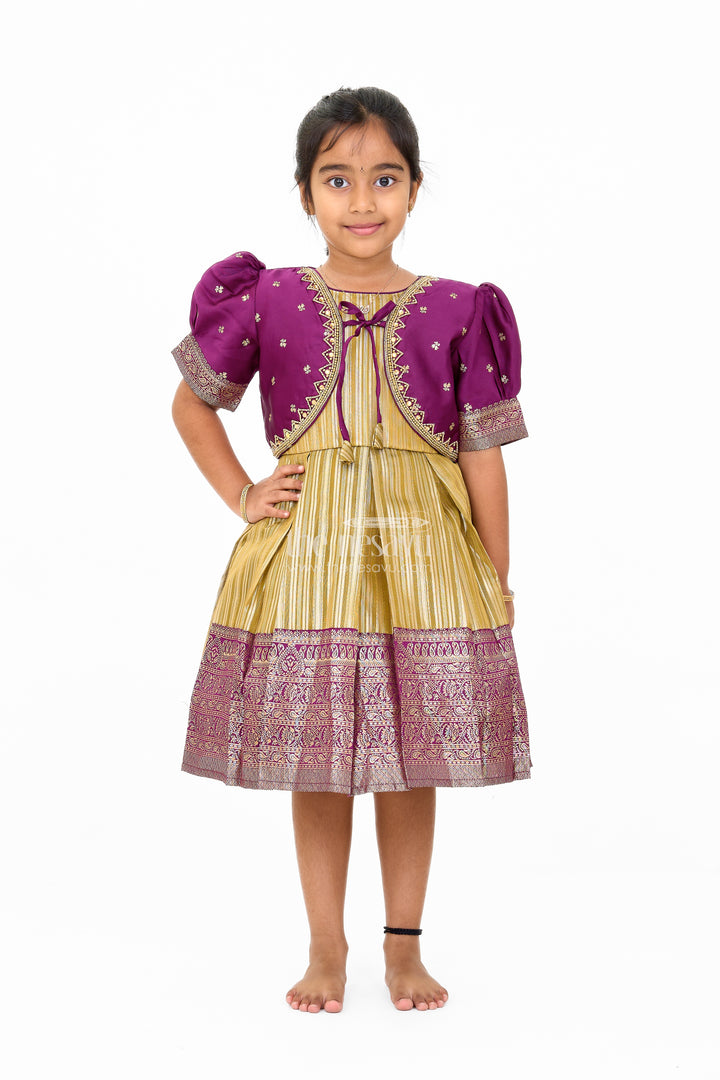 Traditional Girls Silk Party Frock with Gold Zari Skirt and Embroidered Shrug