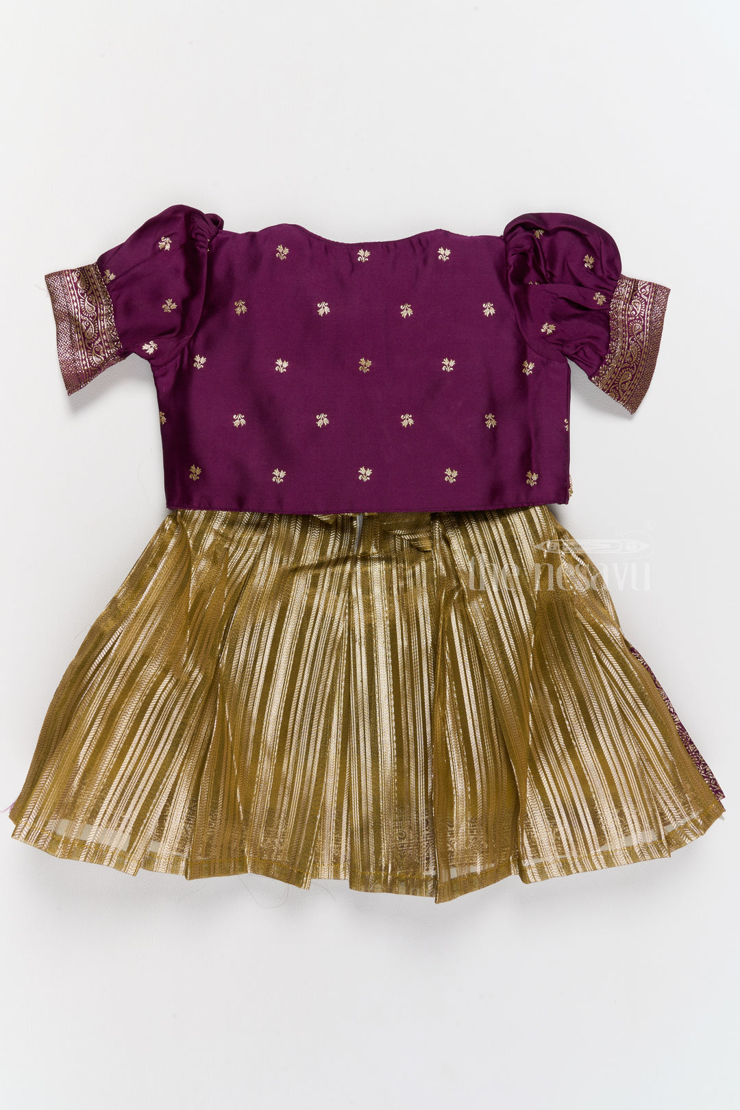 Traditional Girls Silk Party Frock with Gold Zari Skirt and Embroidered Shrug